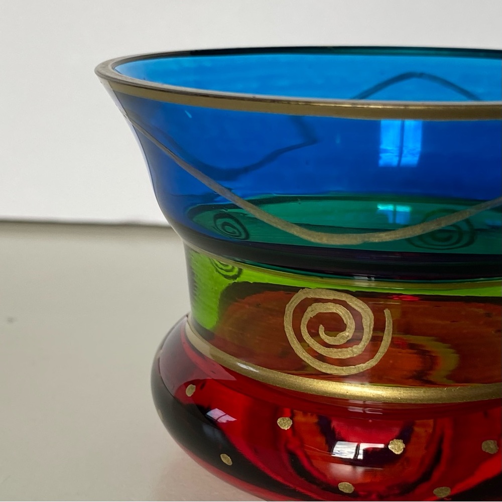 PIER 1 Candle Votive Holder Glass Vintage Red Blue Green Gold Trim Cup Vase Boho - Picture 3 of 16